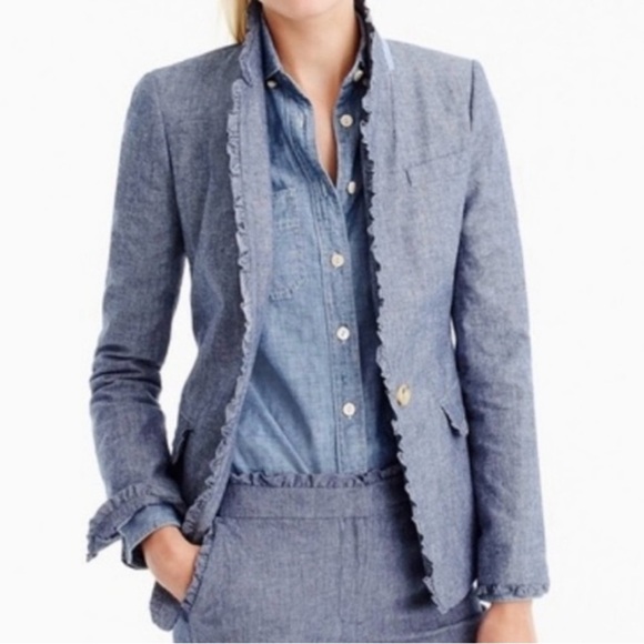 J. Crew Women's Blue Ruffle-Trim Jacket - Picture 1 of 7